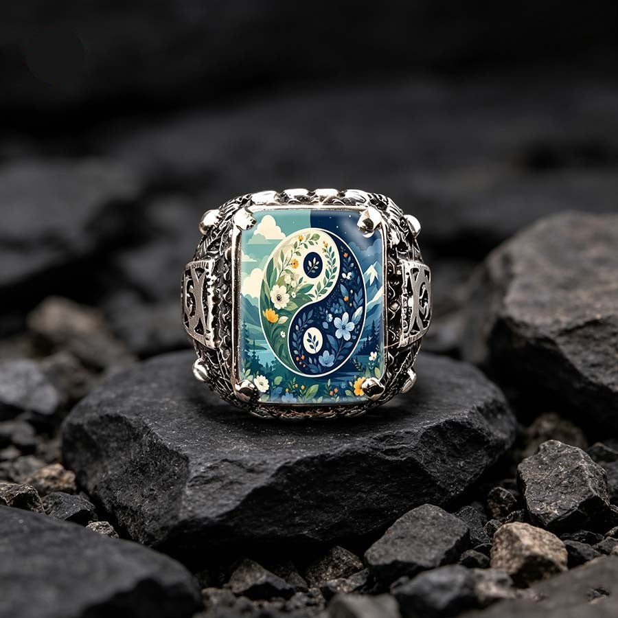 Floral Yin Yang Square Ring