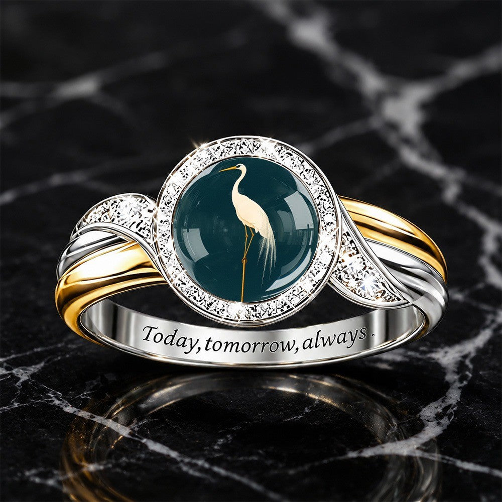 White Crane Glass Inlay Ring