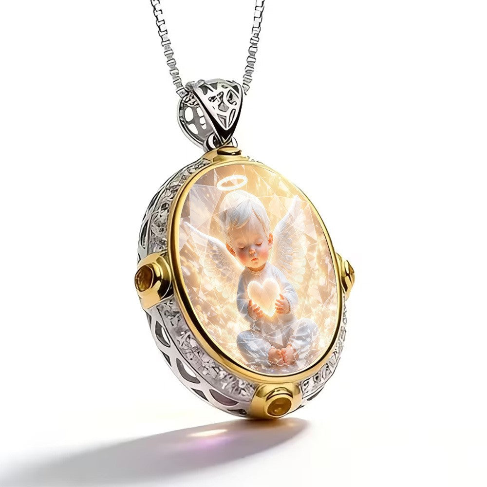 Cherub Angel Oval Pendant Necklace