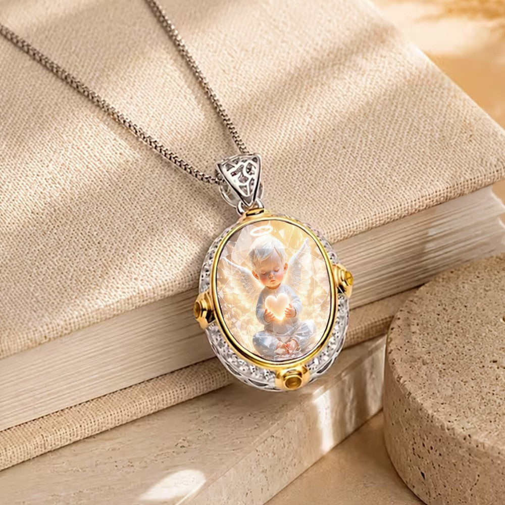 Cherub Angel Oval Pendant Necklace