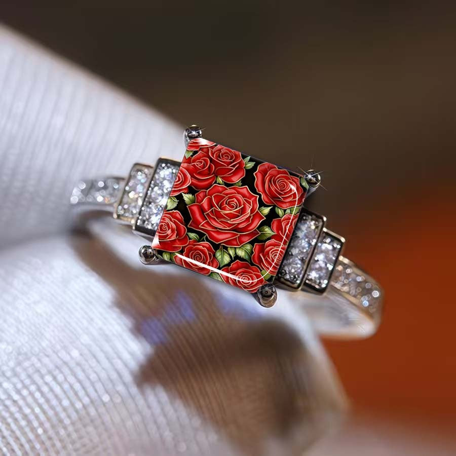 Red Rose Crystal Square Ring