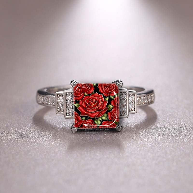 Red Rose Crystal Square Ring