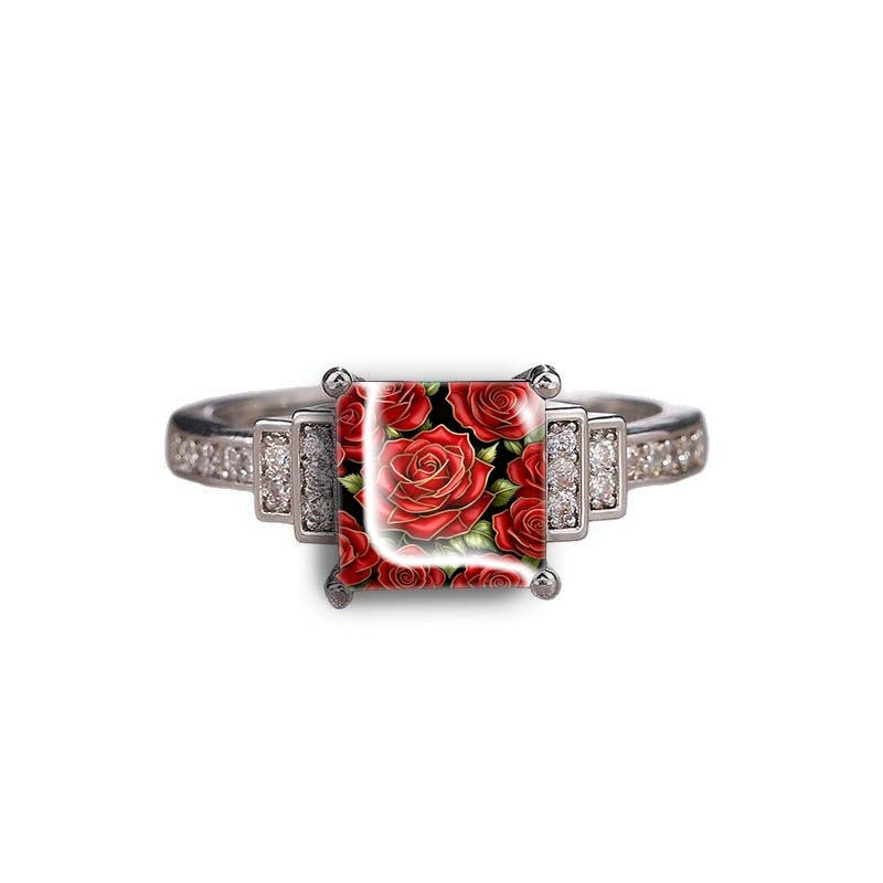 Red Rose Crystal Square Ring