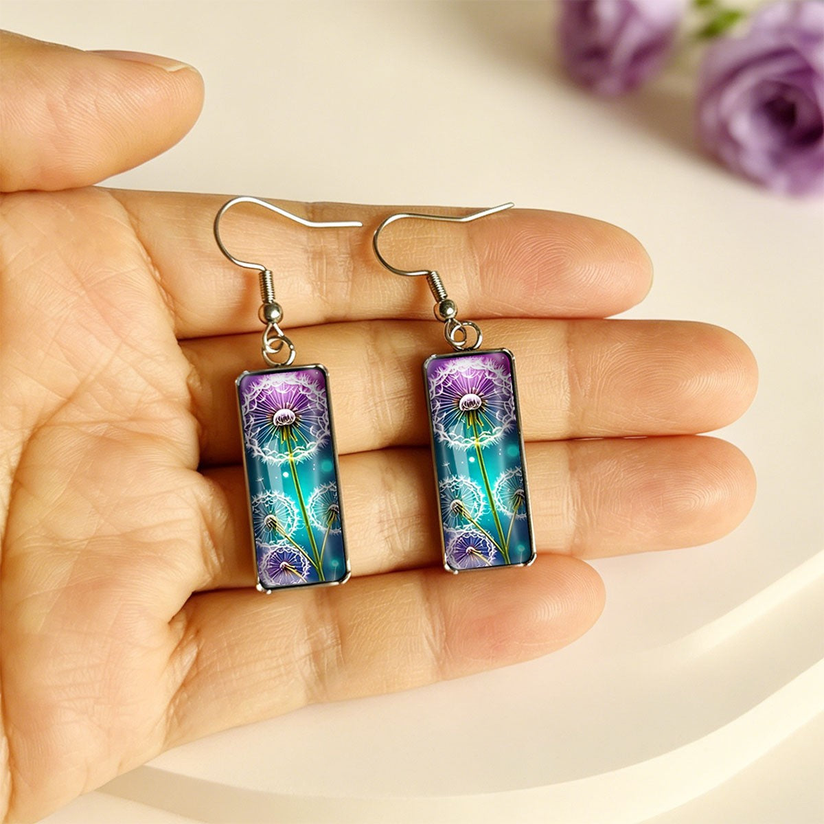Purple Dandelion Rectangular Earrings