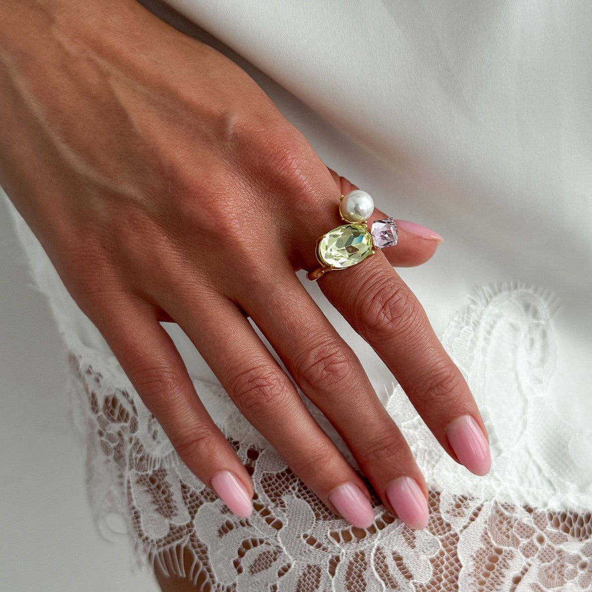 Green Oval & Pearl Cluster Ring