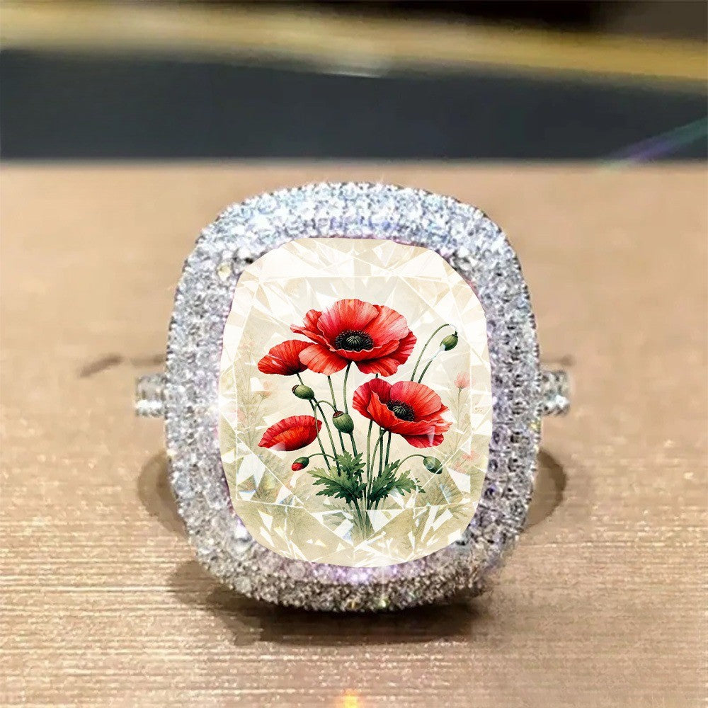 Red Poppy Flower Square Ring