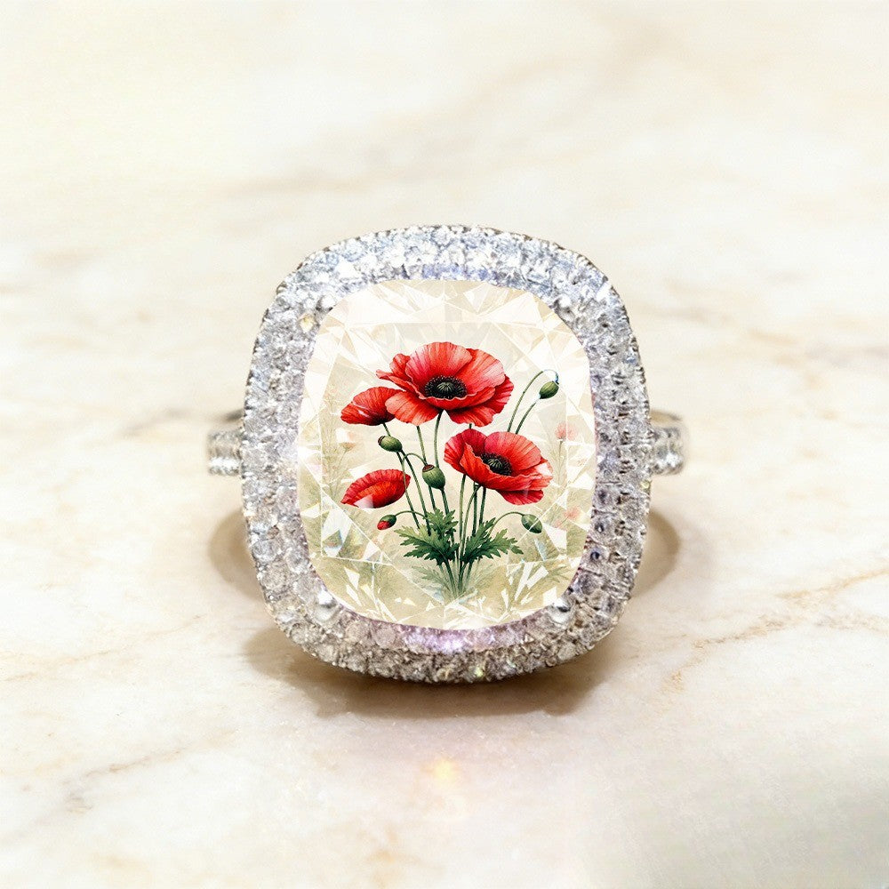 Red Poppy Flower Square Ring