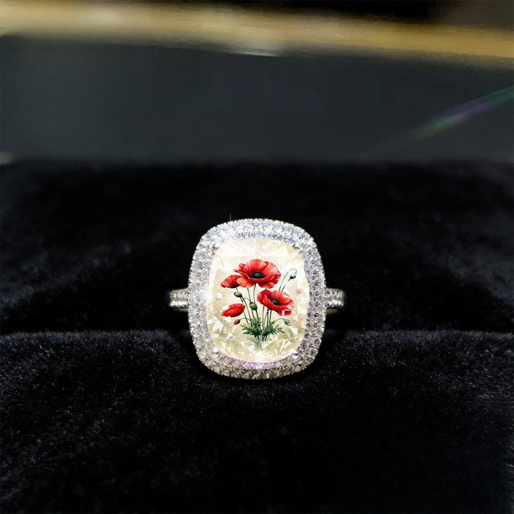 Red Poppy Flower Square Ring
