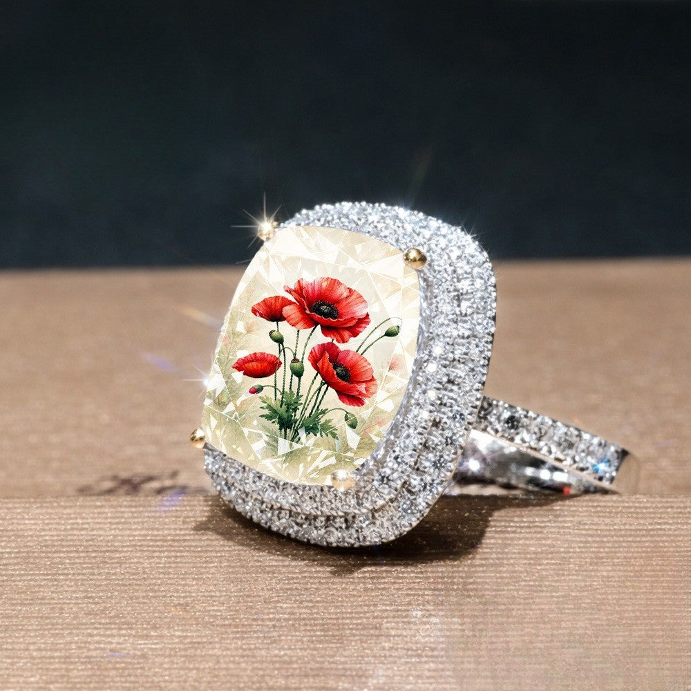 Red Poppy Flower Square Ring