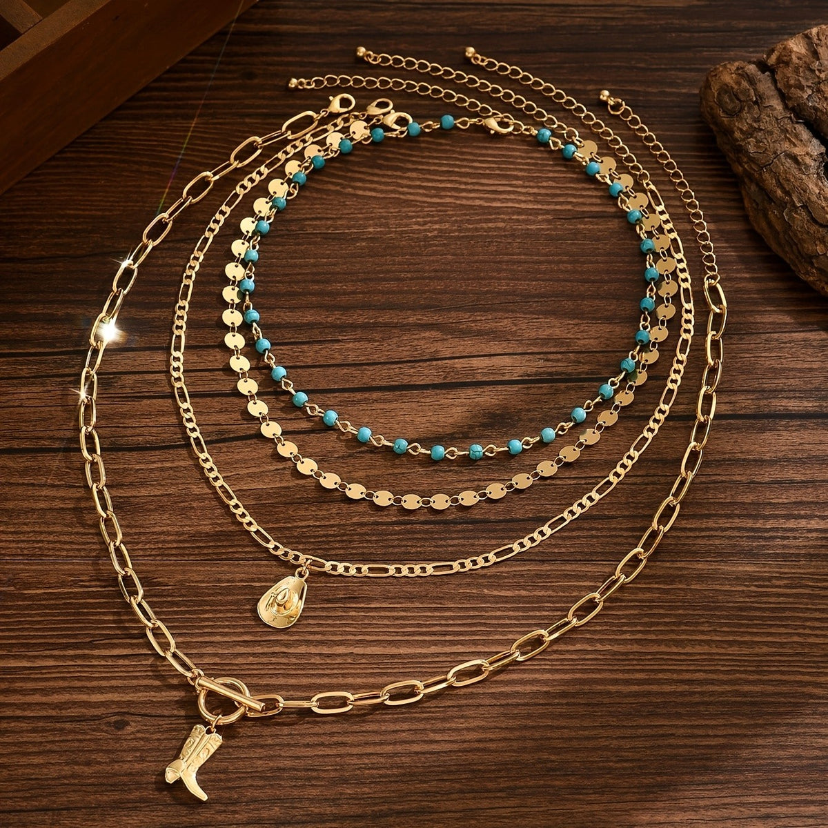 Cowboy Boot & Coin Layered Necklace Set