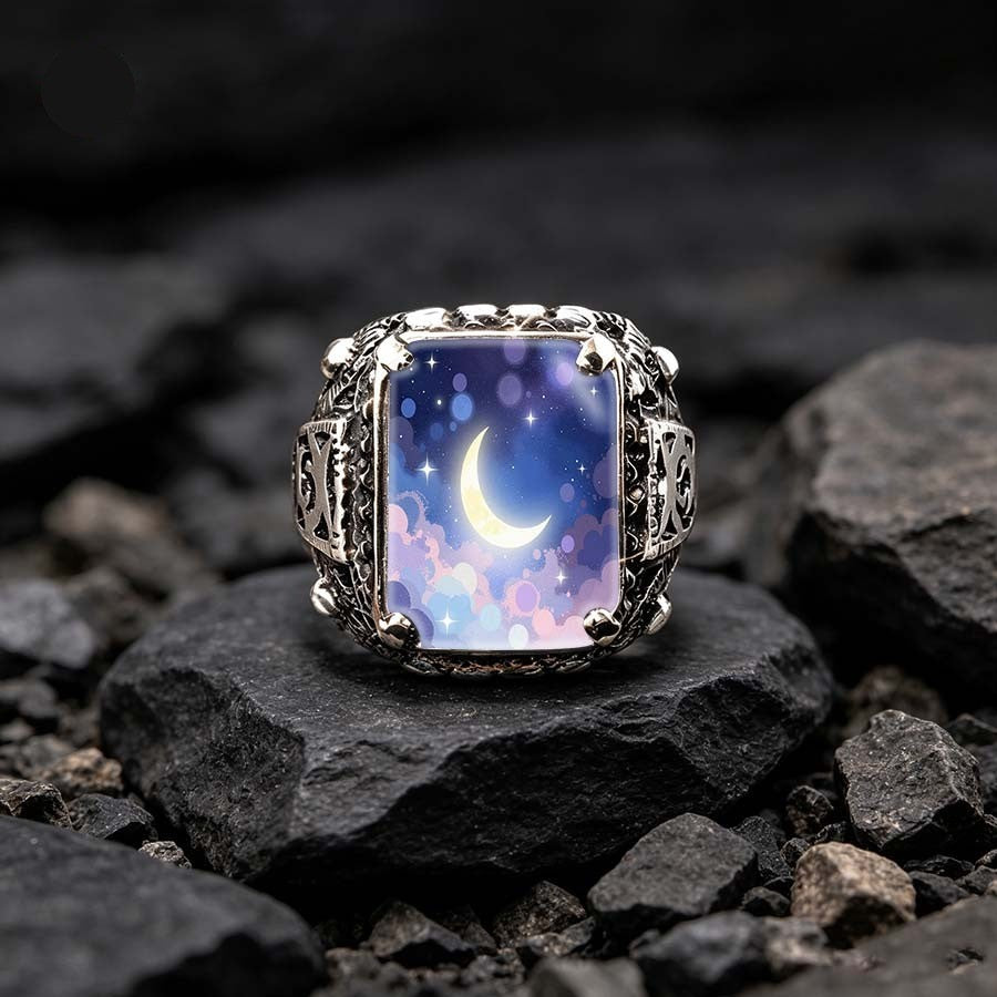 Starry Night Crescent Moon Square Ring