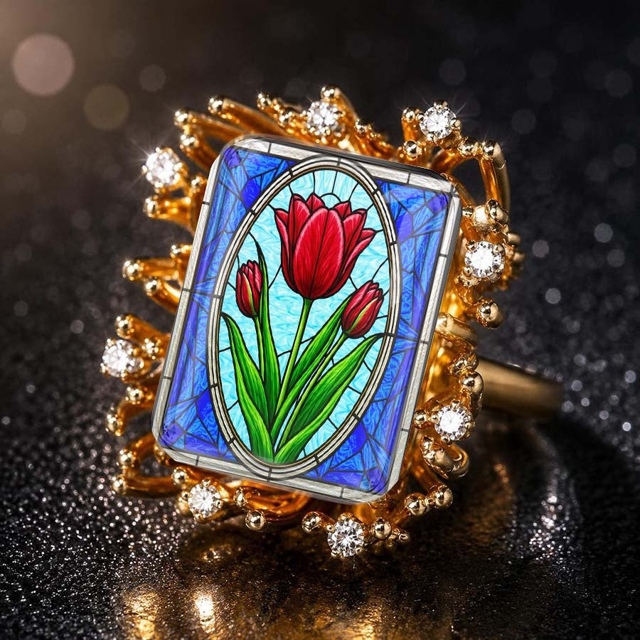 Red Tulip Stained Glass Ring