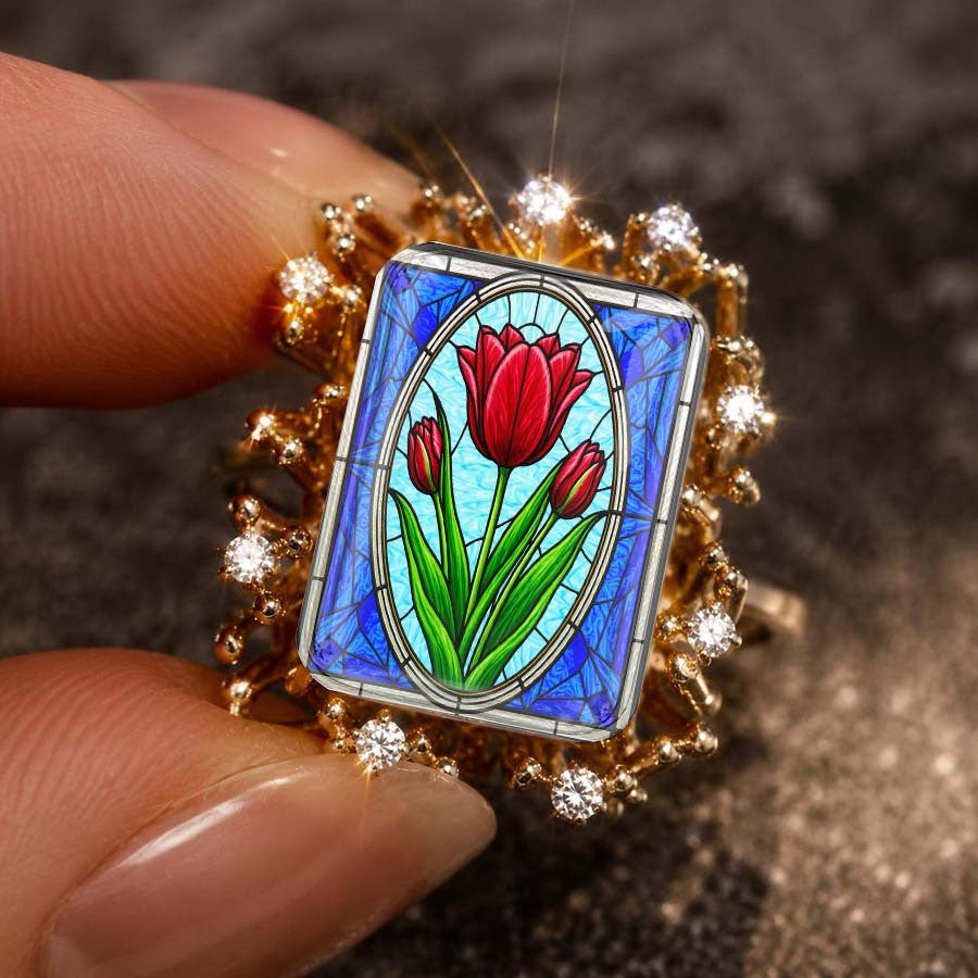 Red Tulip Stained Glass Ring