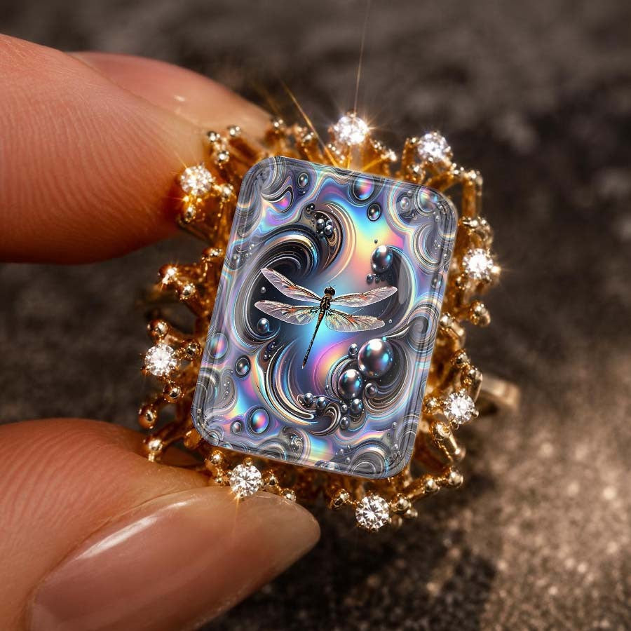 Dragonfly Iridescent Glass Square Ring