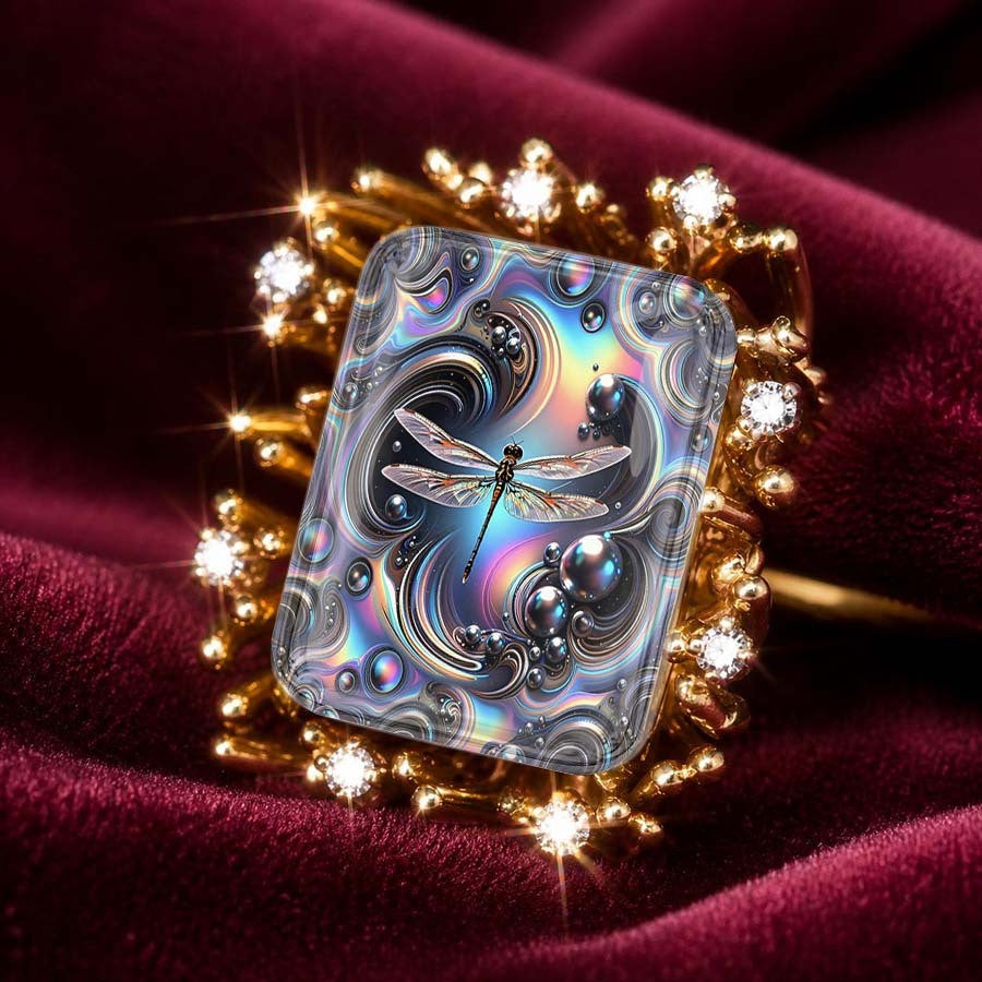 Dragonfly Iridescent Glass Square Ring