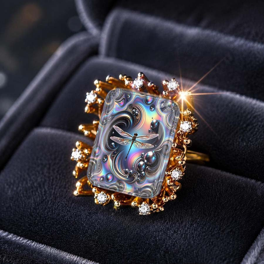 Dragonfly Iridescent Glass Square Ring