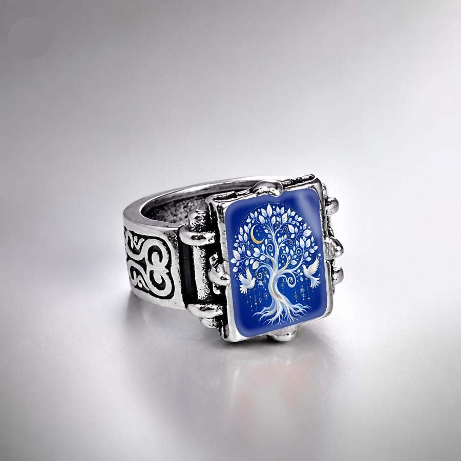 Blue Tree of Life Dove Square Ring