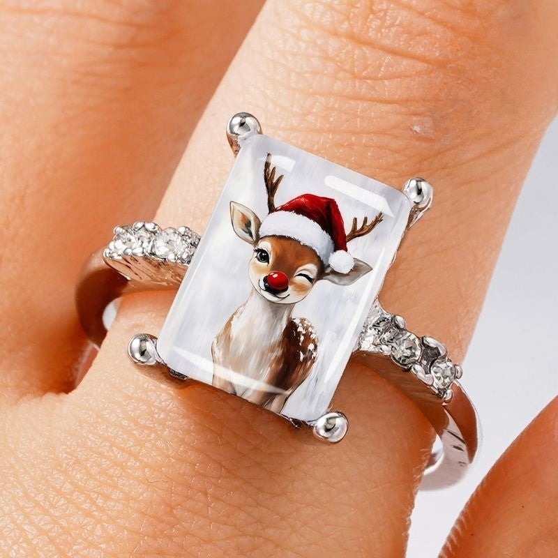 Santa Reindeer Glass Ring