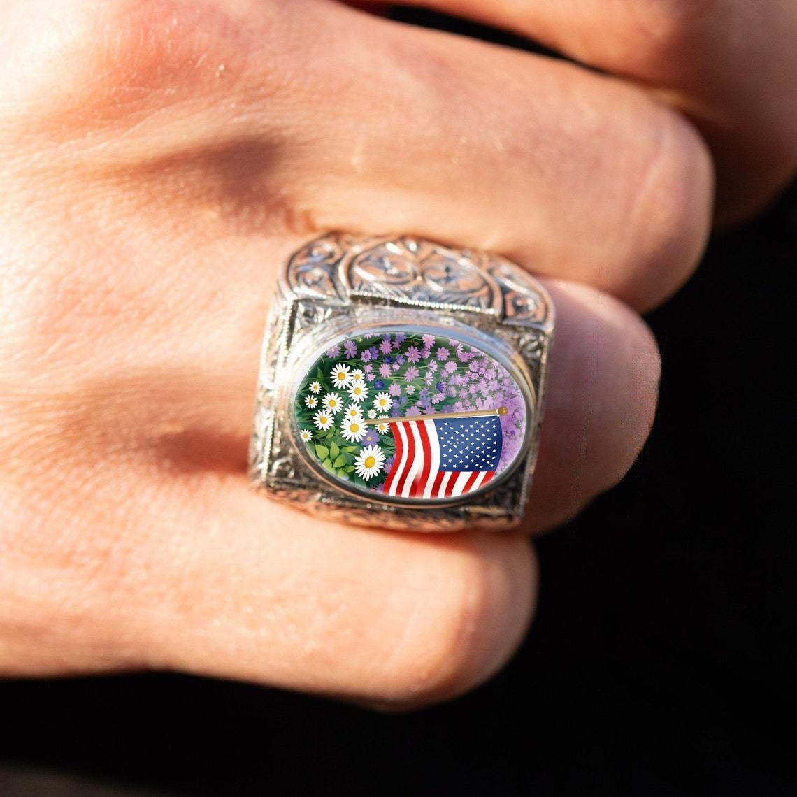 American Flag & Daisy Oval Ring