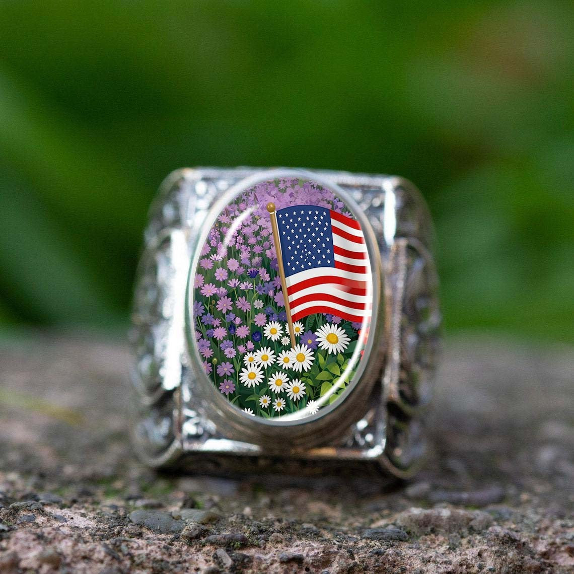 American Flag & Daisy Oval Ring