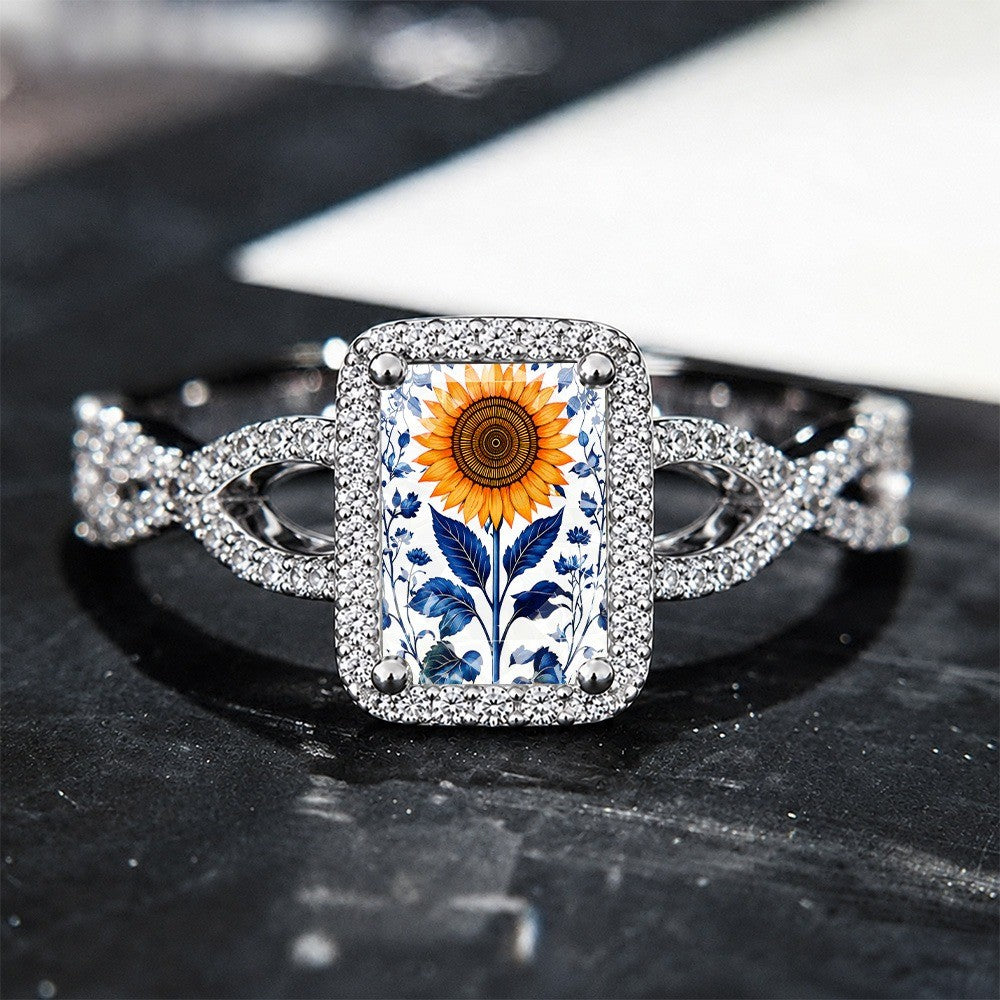 Sunflower & Blue Leaf Square Ring