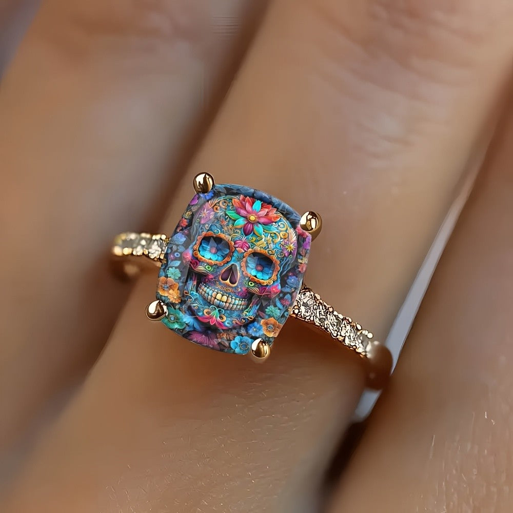 Colorful Floral Skull Square Ring