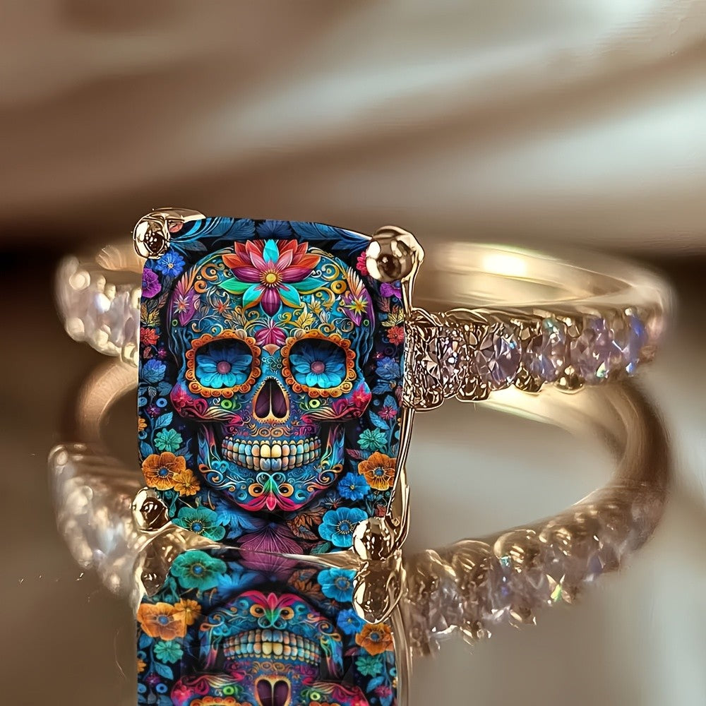 Colorful Floral Skull Square Ring