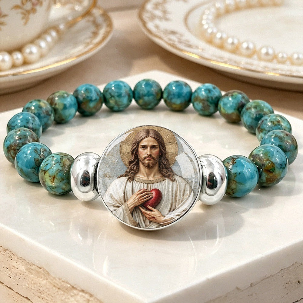Turquoise Bead Jesus Portrait Bracelet
