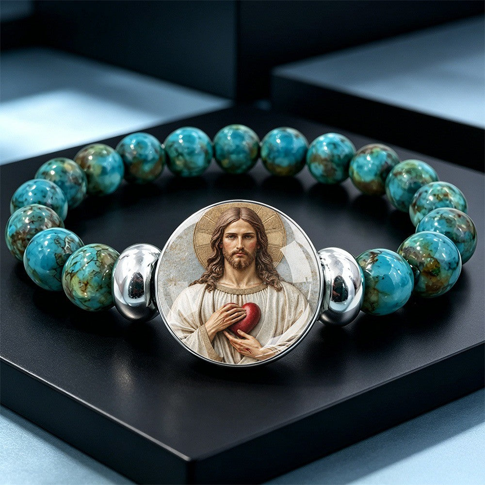 Turquoise Bead Jesus Portrait Bracelet