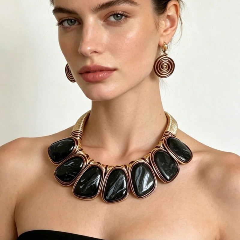 Marbled Oval Wire Wrap Necklace & Earring Set