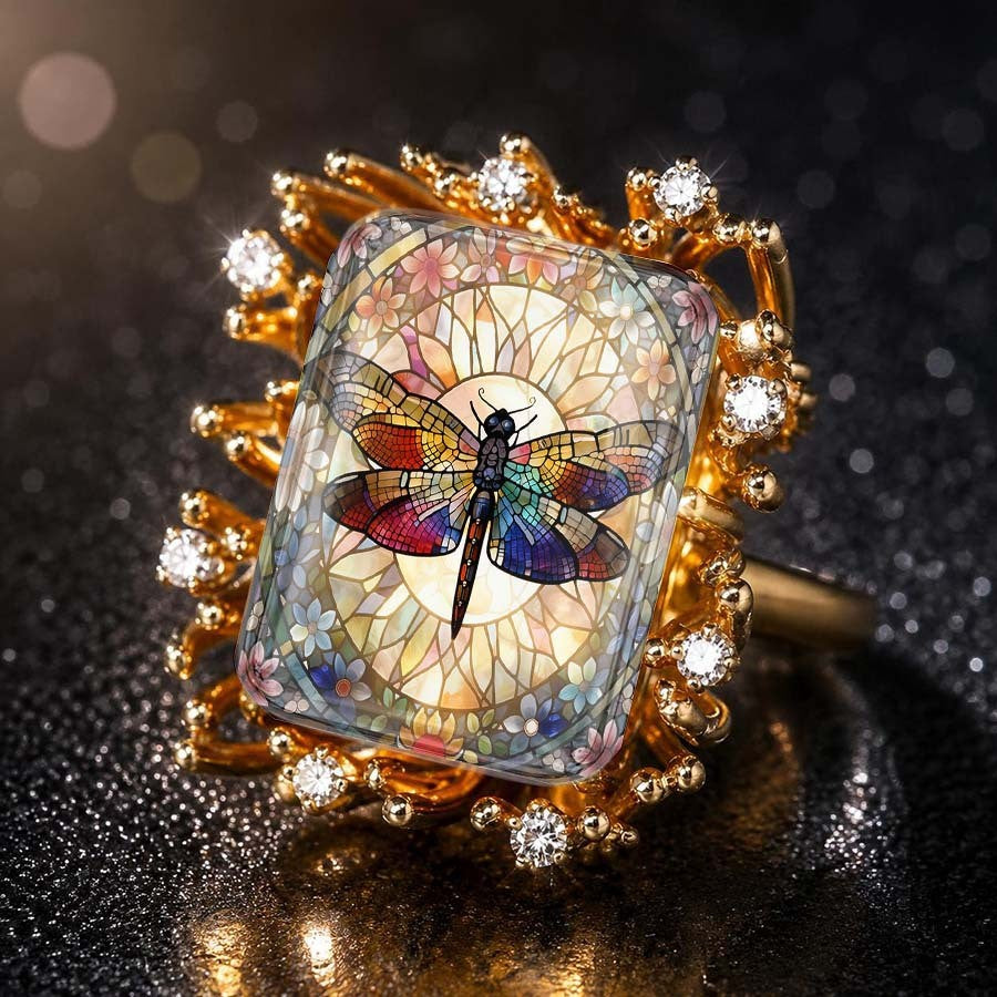 Dragonfly Stained Glass Square Ring