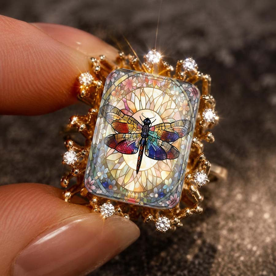 Dragonfly Stained Glass Square Ring