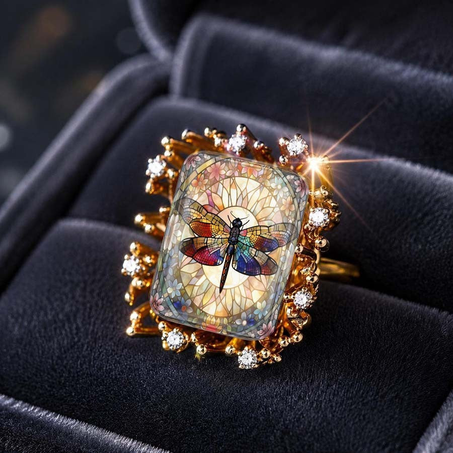 Dragonfly Stained Glass Square Ring