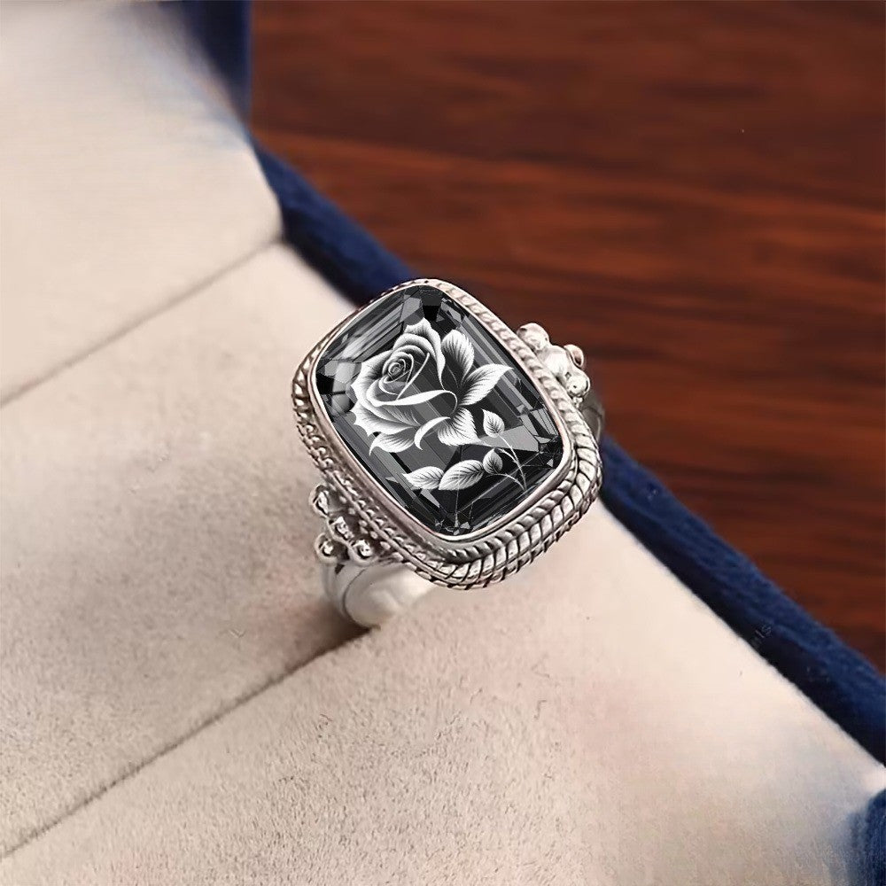 Etched Rose Black Stone Ring