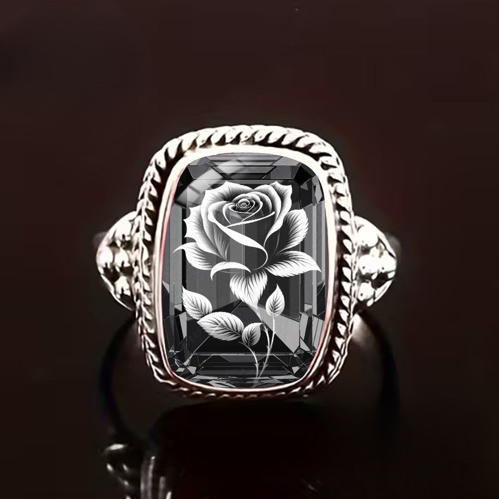 Etched Rose Black Stone Ring