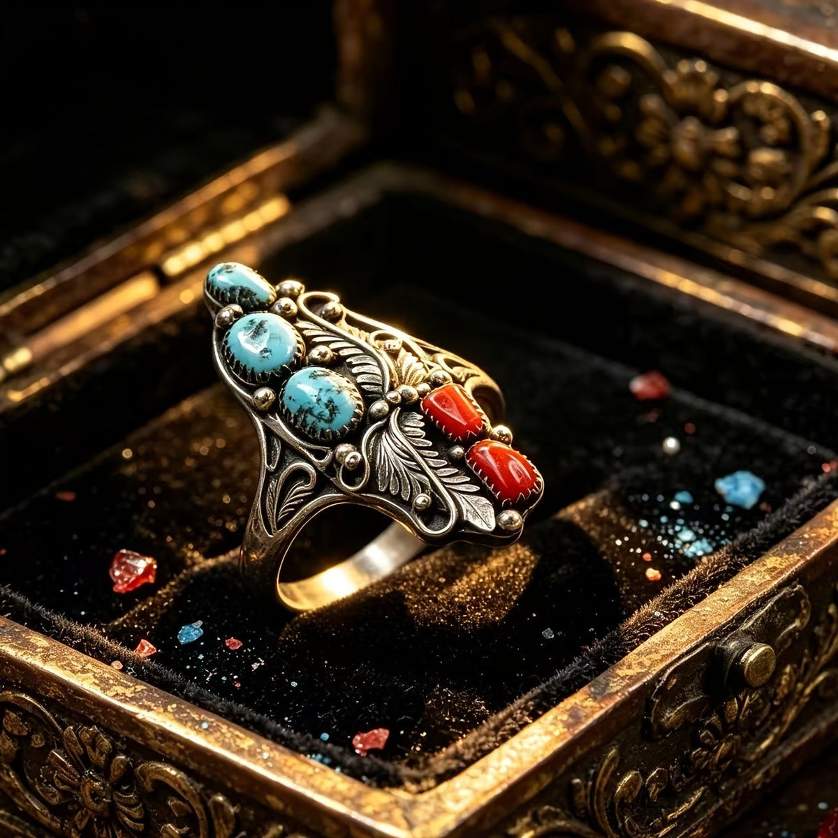 Turquoise & Red Stone Leaf Ring