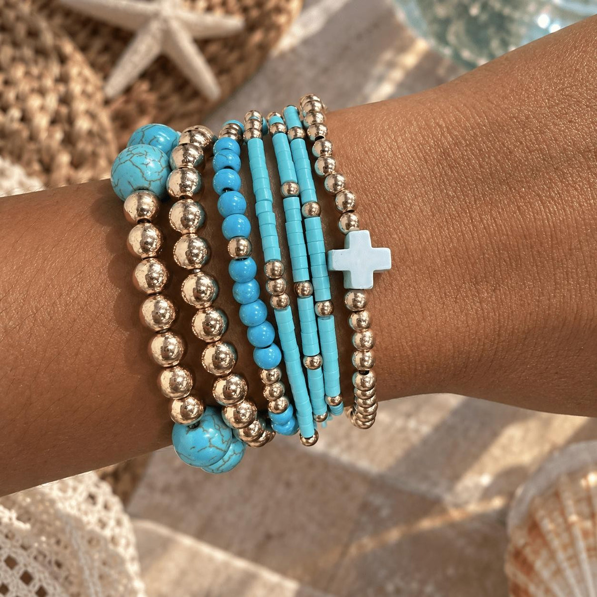 Turquoise & Silver-Tone Cross Bracelet Set
