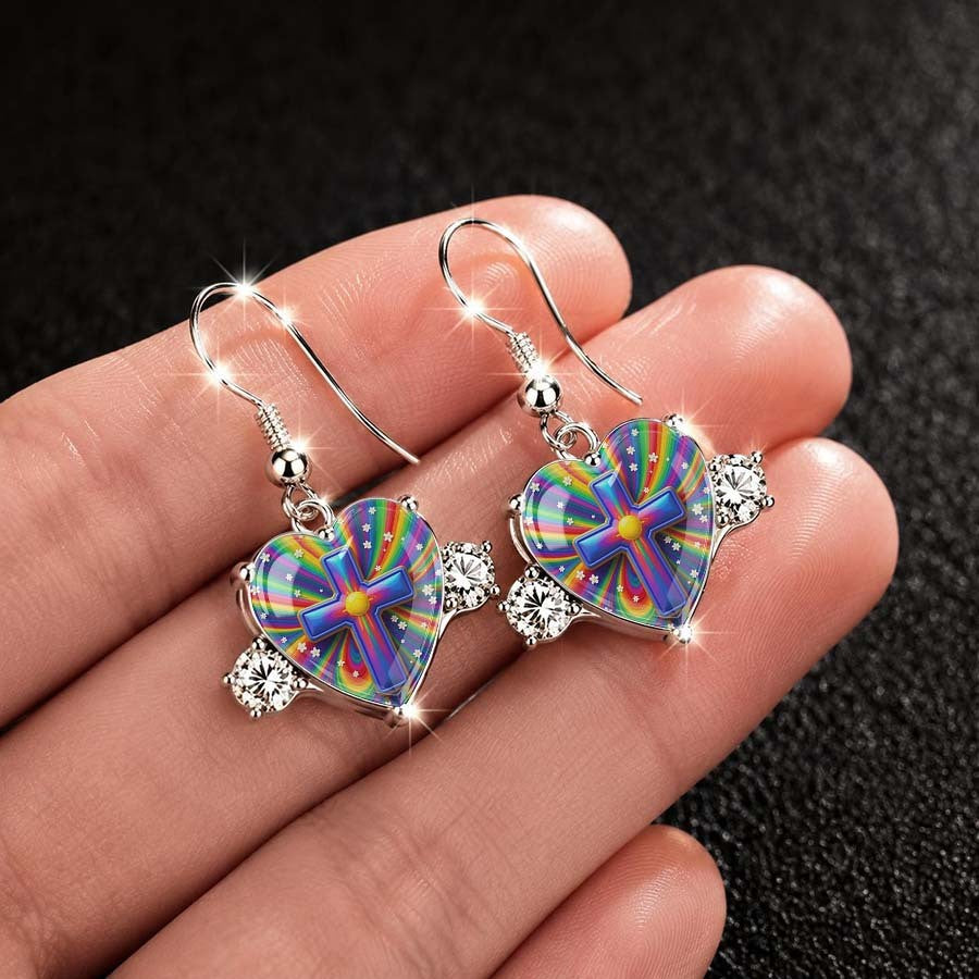 Rainbow Cross Heart Drop Earrings