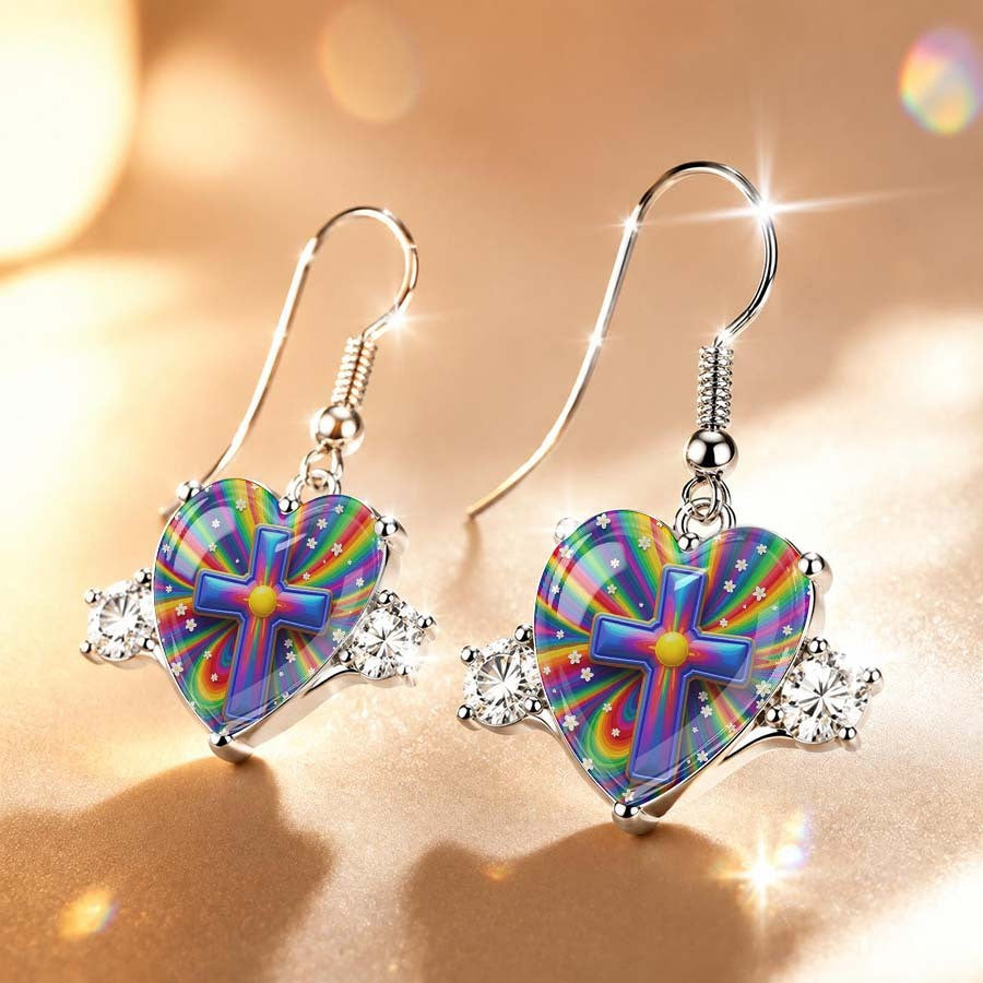 Rainbow Cross Heart Drop Earrings