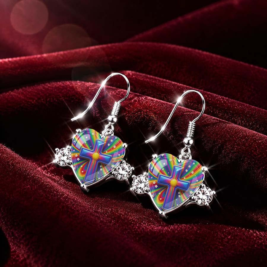 Rainbow Cross Heart Drop Earrings
