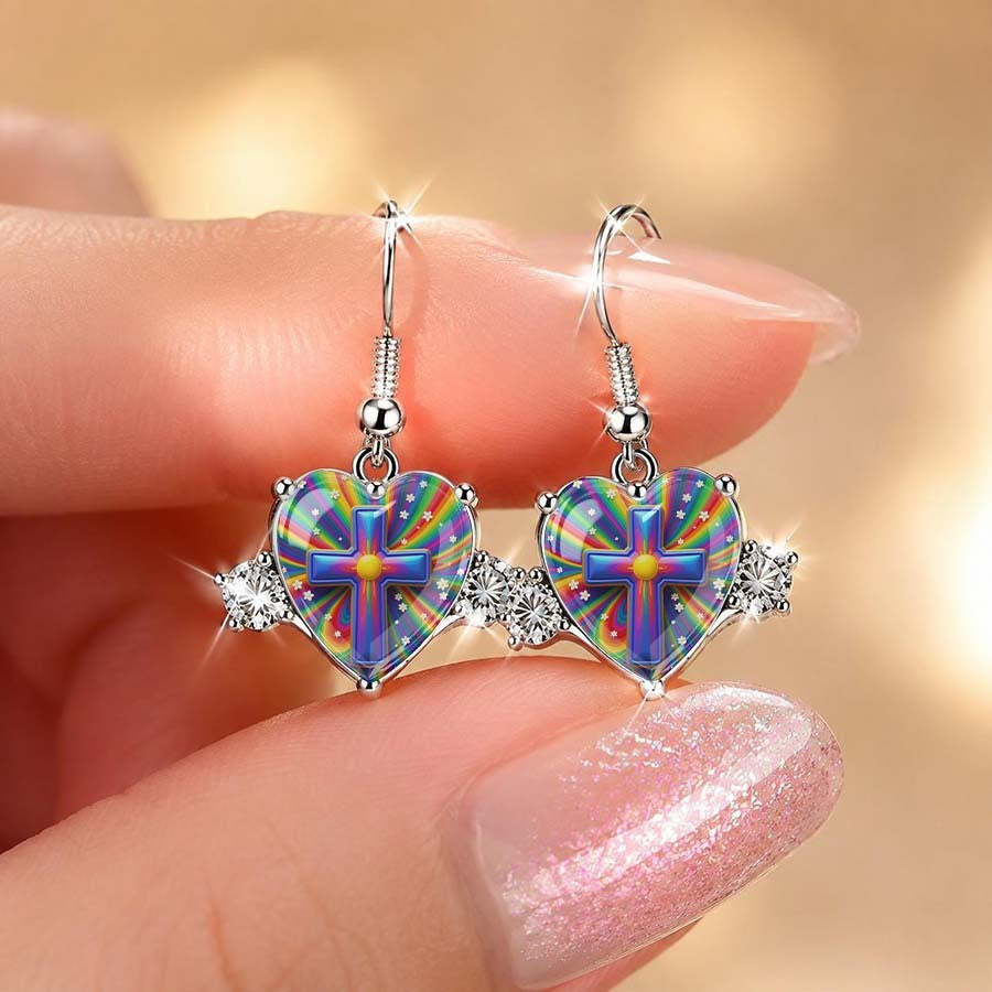 Rainbow Cross Heart Drop Earrings