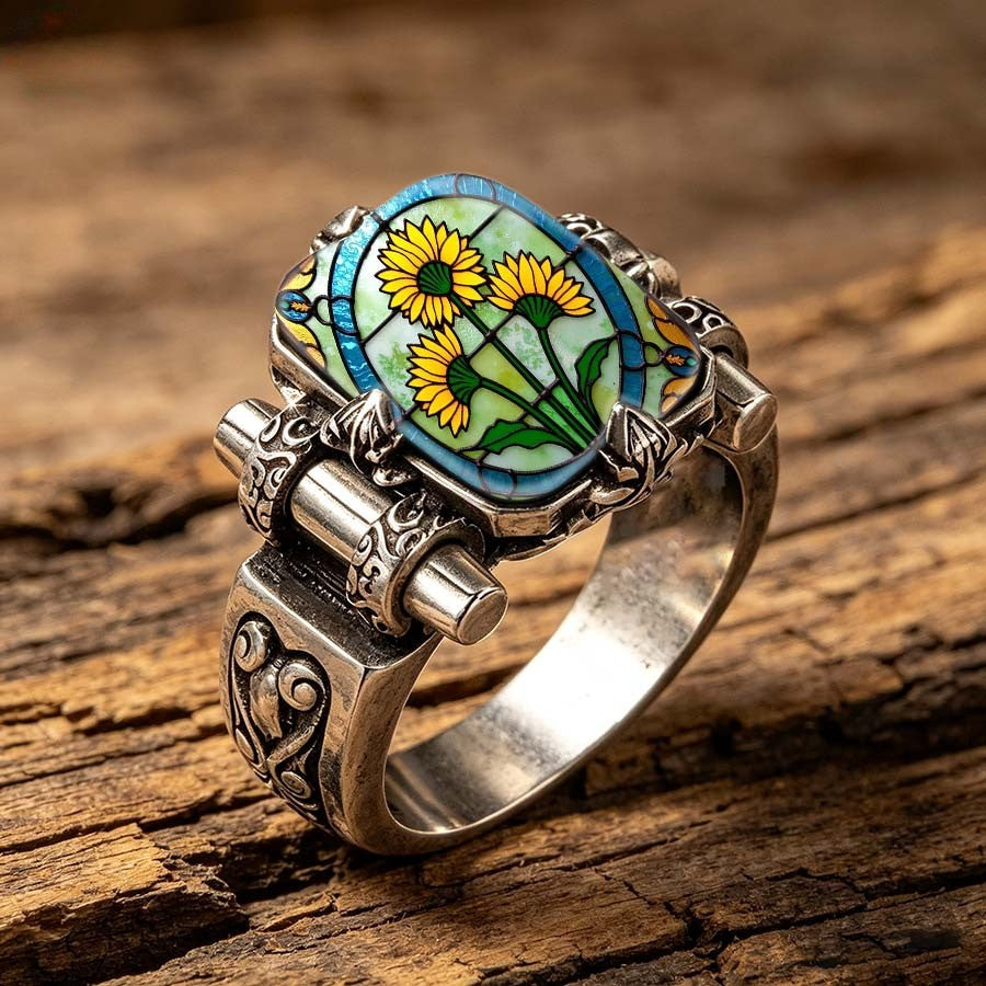 Sunflower Stained Glass Oval Ring