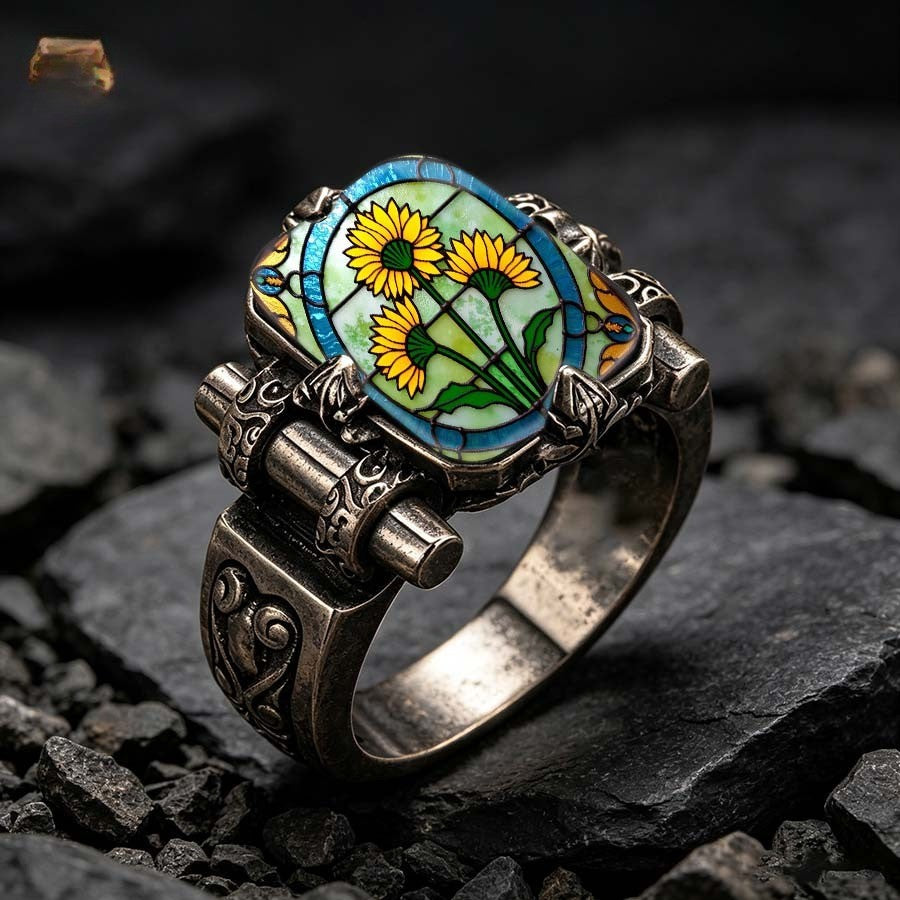 Sunflower Stained Glass Oval Ring