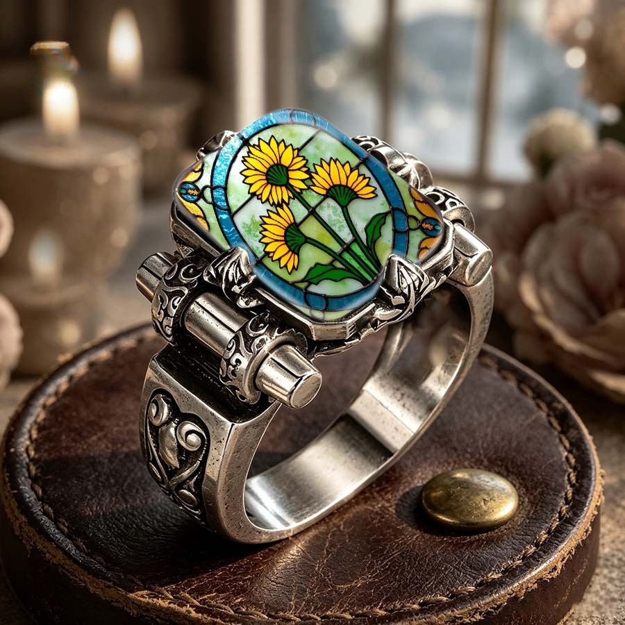 Sunflower Stained Glass Oval Ring