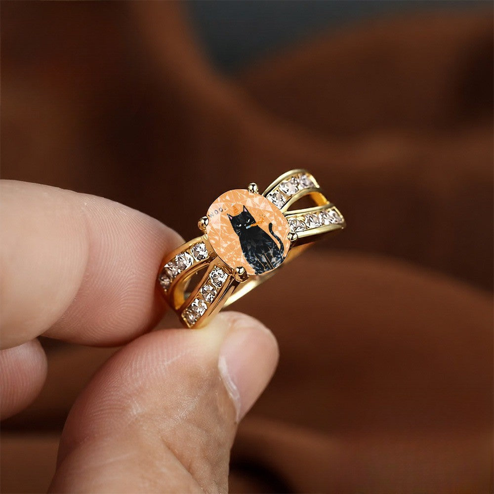 Black Cat Peach Crystal Split Ring