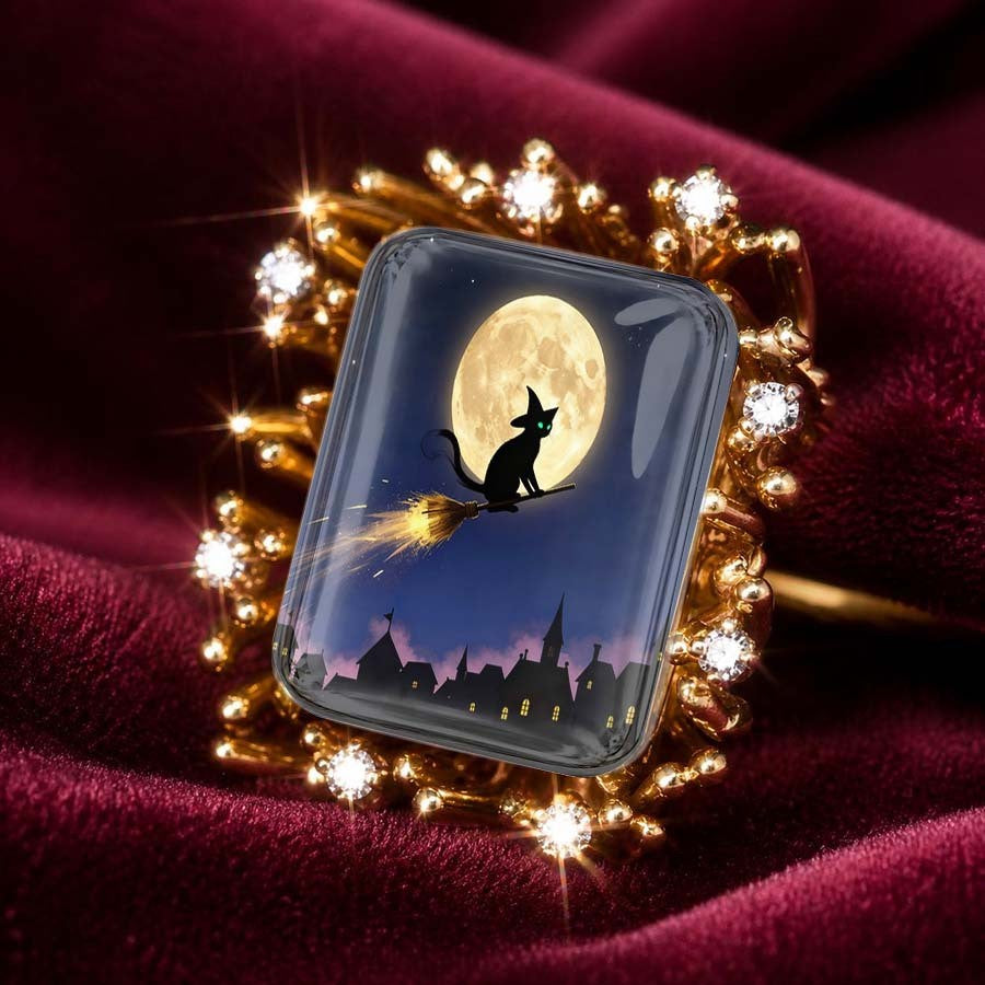 Midnight Cat Broomstick Square Ring