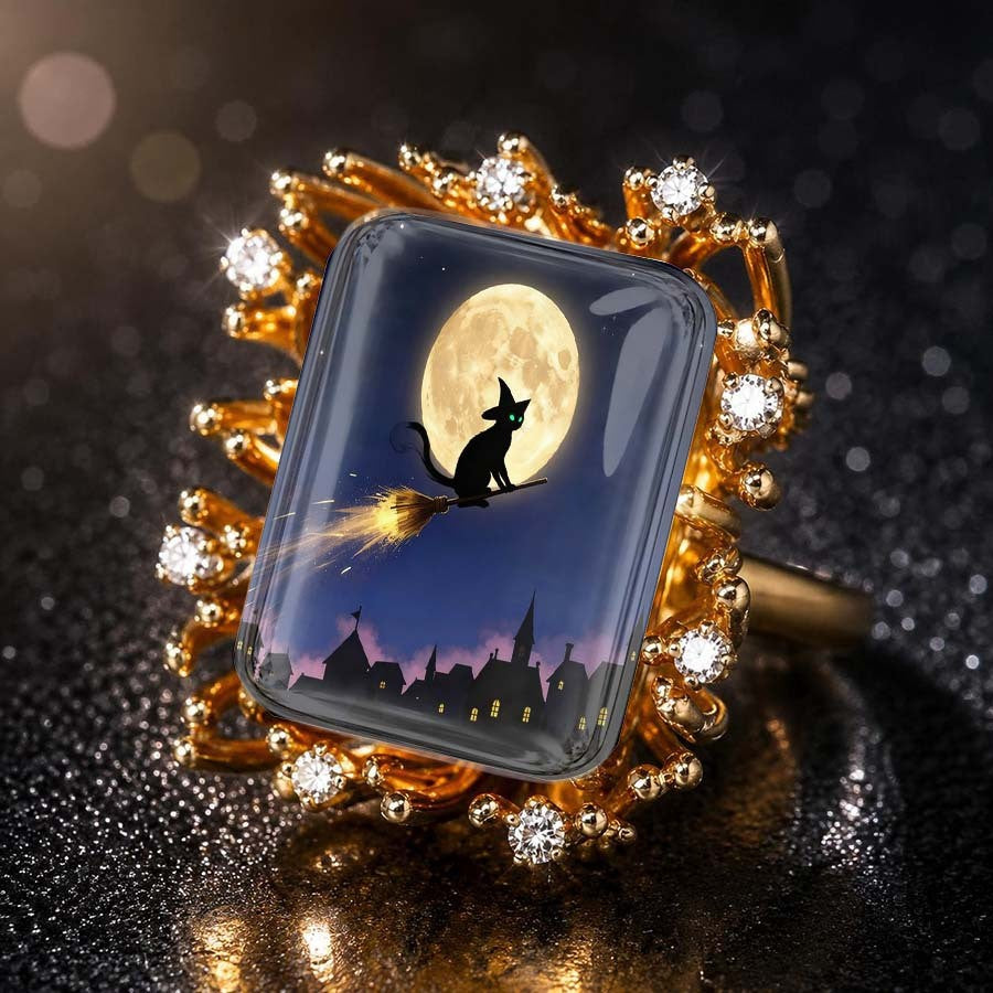Midnight Cat Broomstick Square Ring
