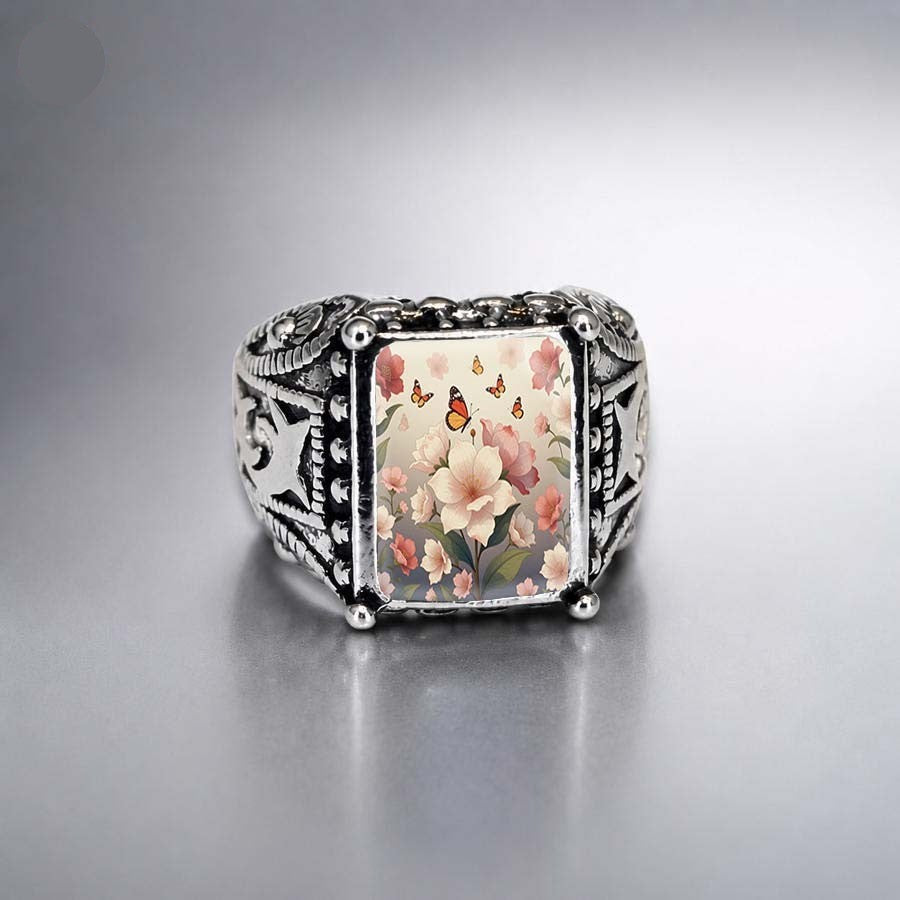 Floral Butterfly Filigree Square Ring