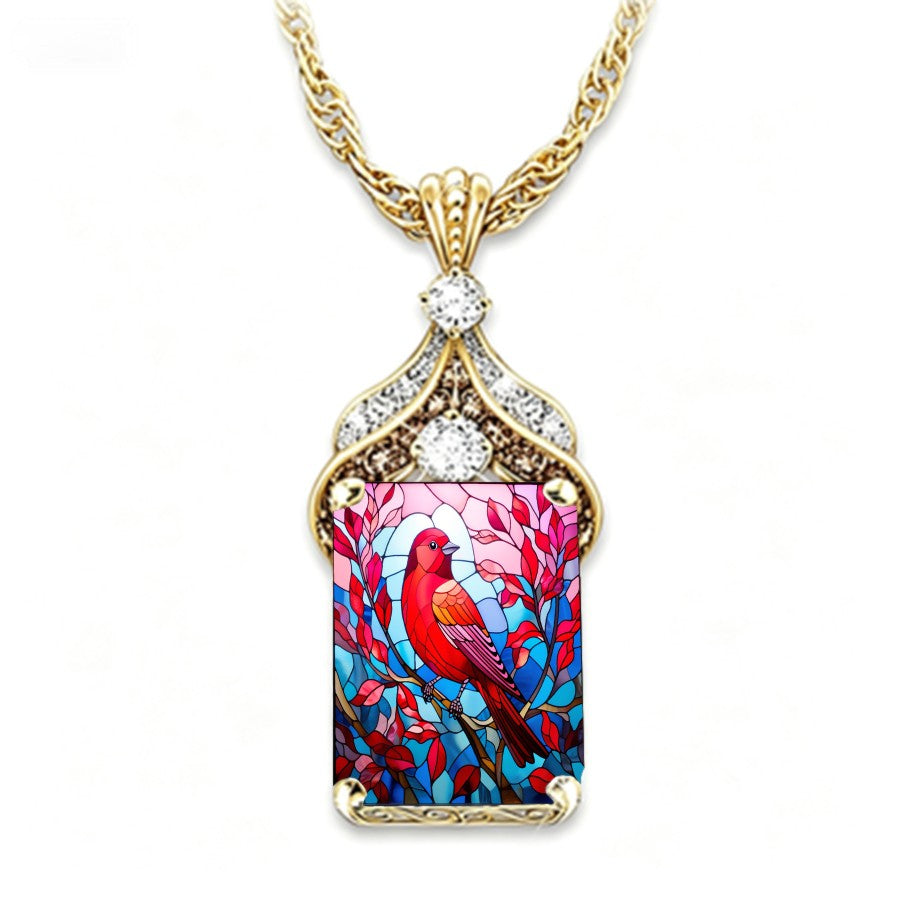 Stained Glass Red Bird Necklace