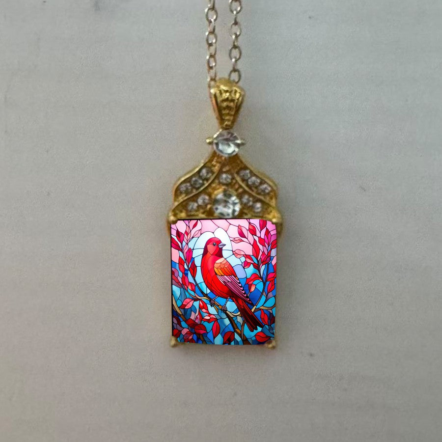 Stained Glass Red Bird Necklace